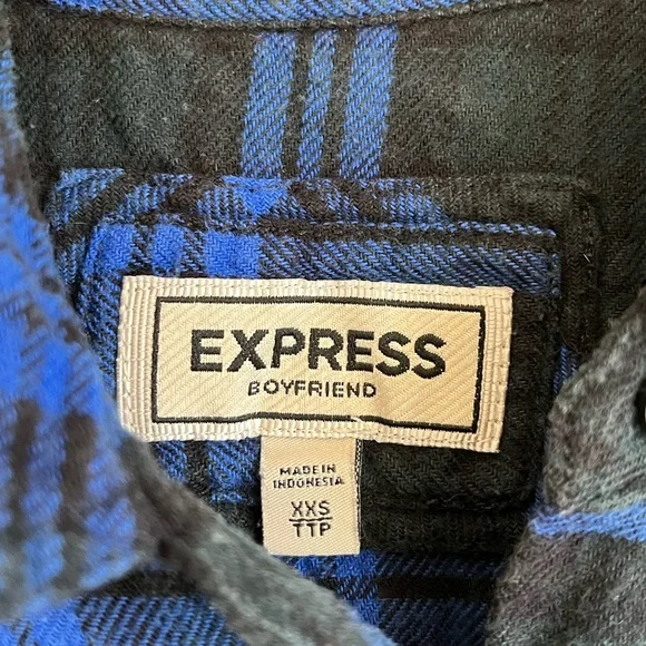 Express Blue Plaid Boyfriend Flannel Shirt - Picture 3 of 4